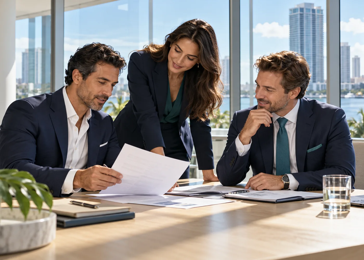 Illustrative business professionals reviewing supplier proposals in a sunlit office.