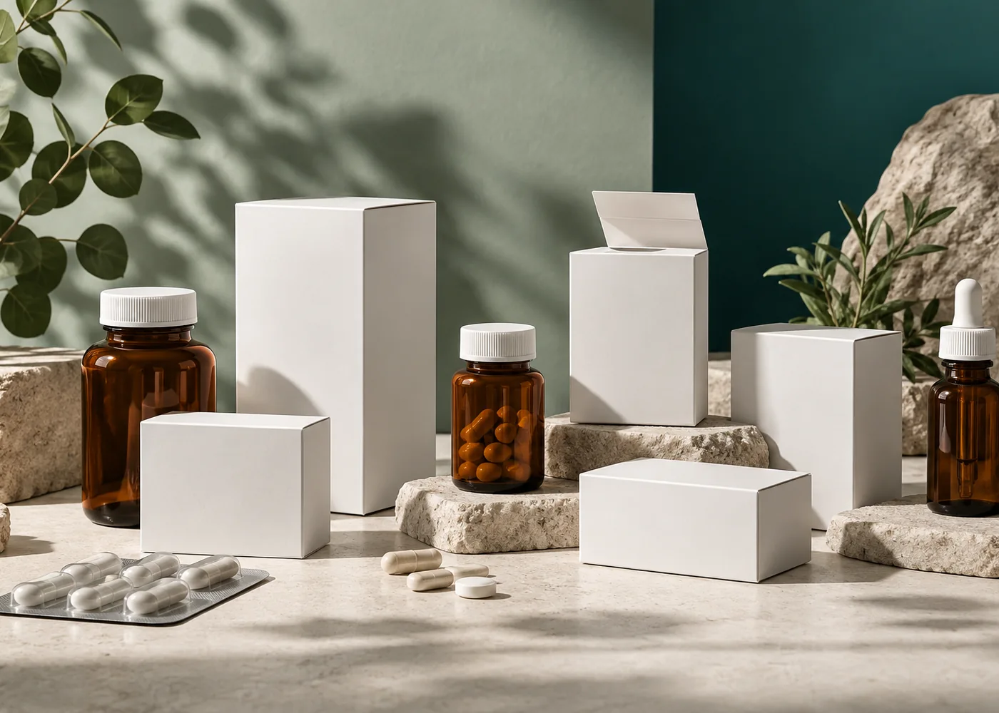 Illustrative blank OTC healthcare packaging on a stone surface.