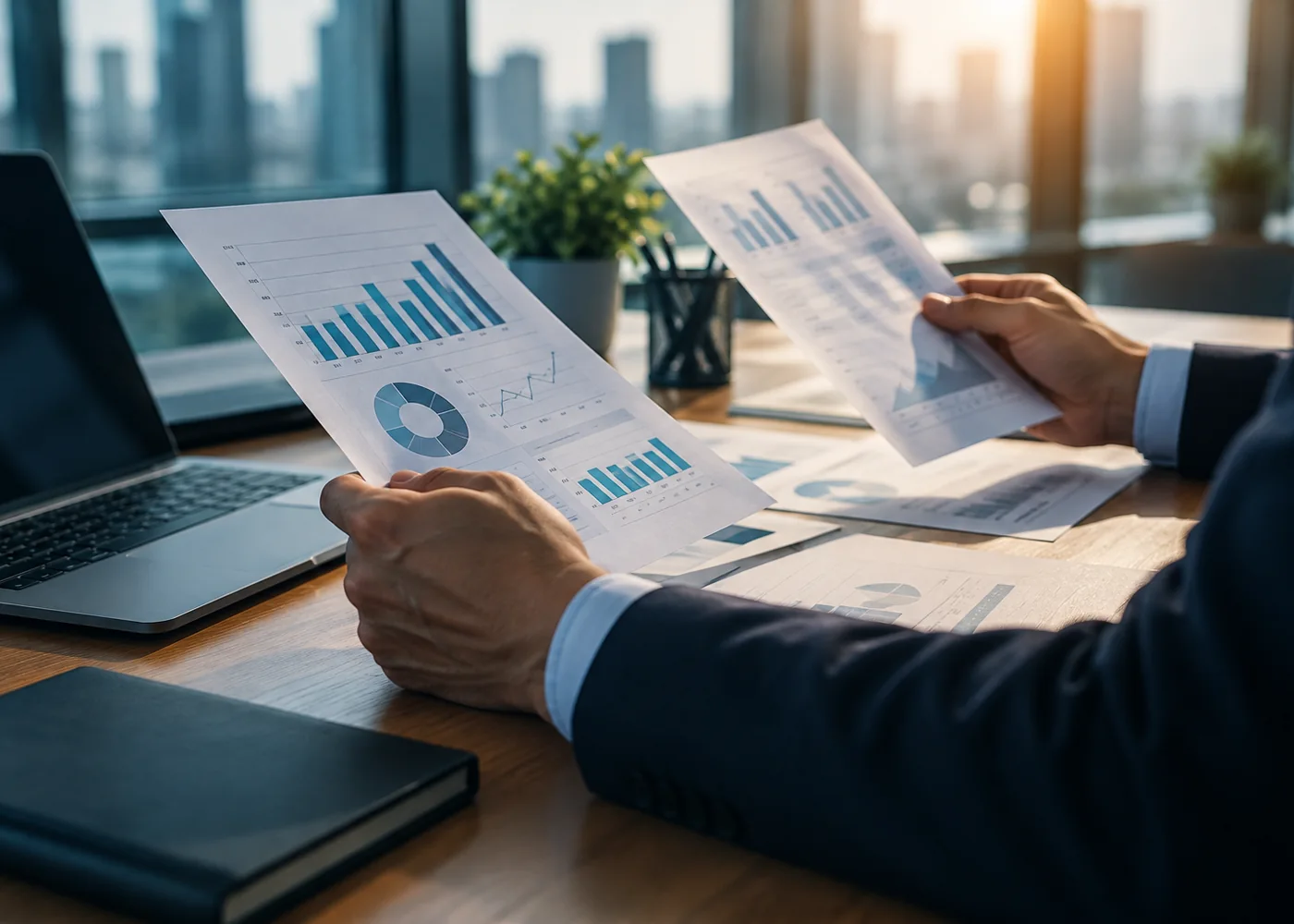 Illustrative analyst comparing supplier documents beside a laptop.
